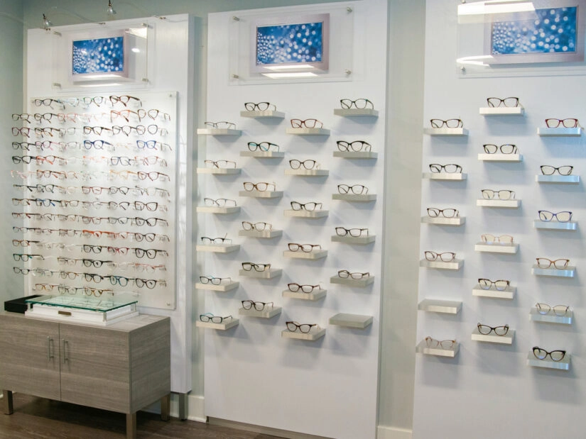 Glasses on wall mounted displays.