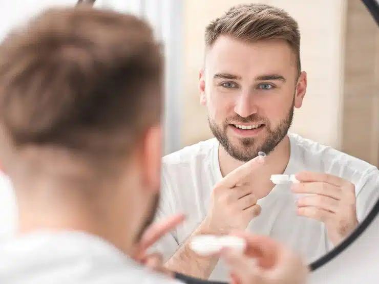 Young man with a beard putting in contact lenses near mirror